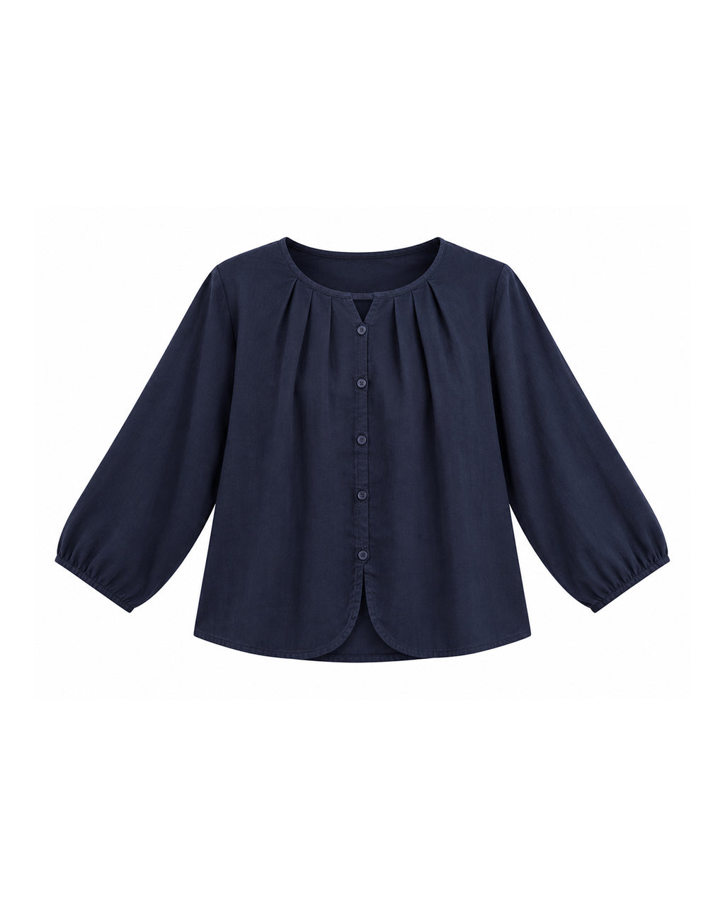 GATHERED NECK BUTTON-FRONT LONG SLEEVE BLOUSE