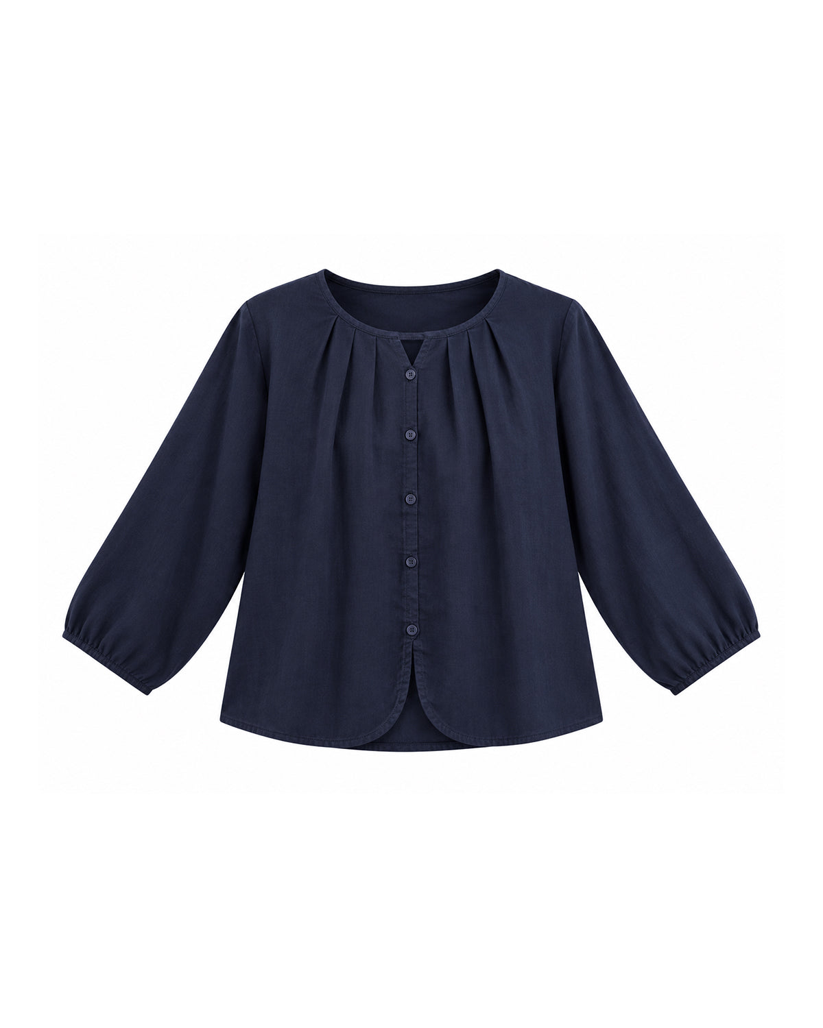 GATHERED NECK BUTTON-FRONT LONG SLEEVE BLOUSE