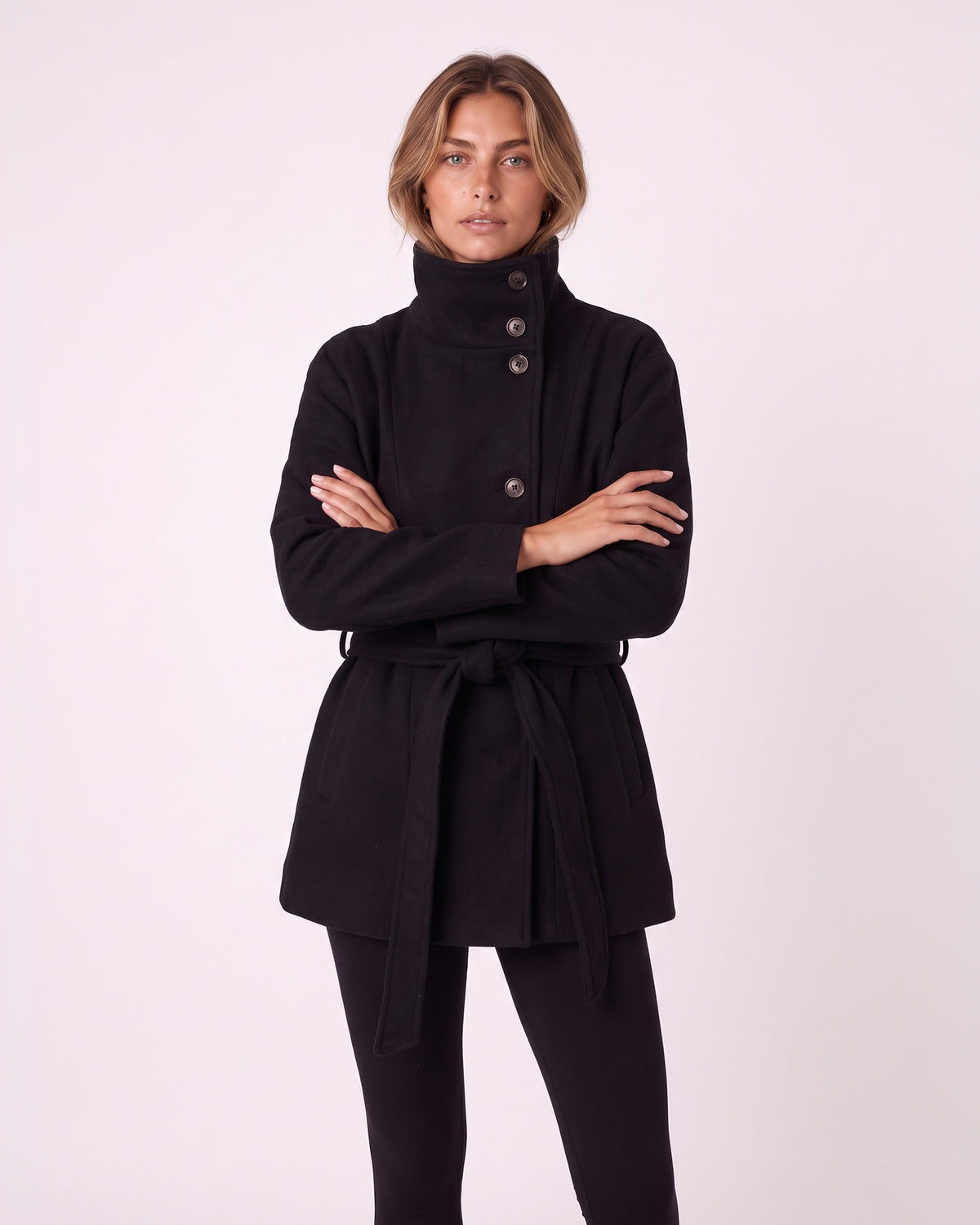 HIGH-NECK BUTTON-FRONT BELTED SHORT COAT