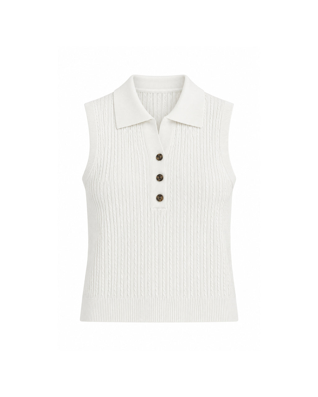 SLEEVELESS CABLE KNIT POLO TOP WITH BUTTON FRONT