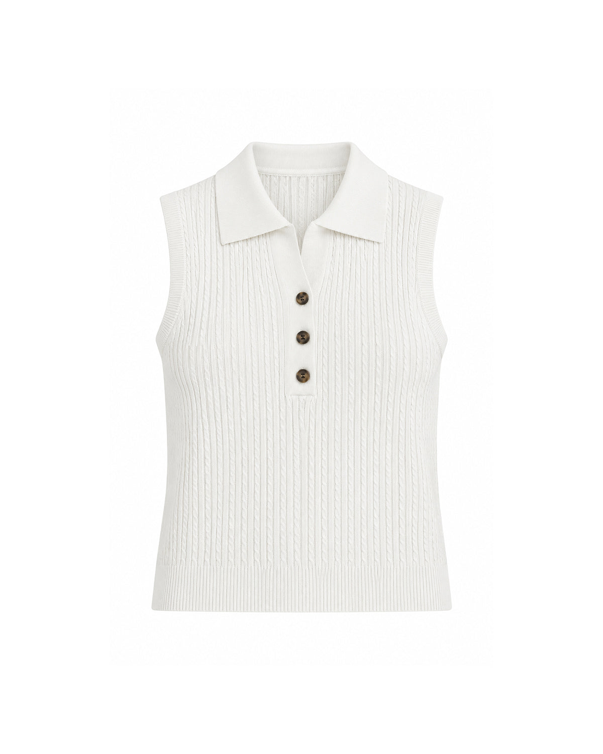 SLEEVELESS CABLE KNIT POLO TOP WITH BUTTON FRONT
