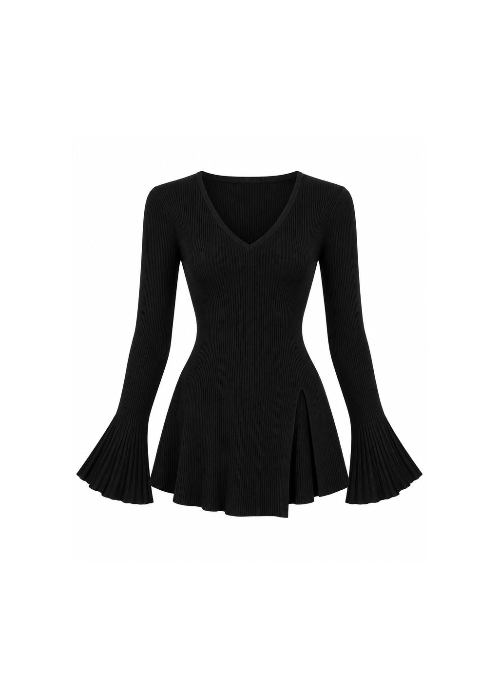 V-NECK RIBBED KNIT PEPLUM TOP WITH FLARED SLEEVES