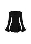 V-NECK RIBBED KNIT PEPLUM TOP WITH FLARED SLEEVES