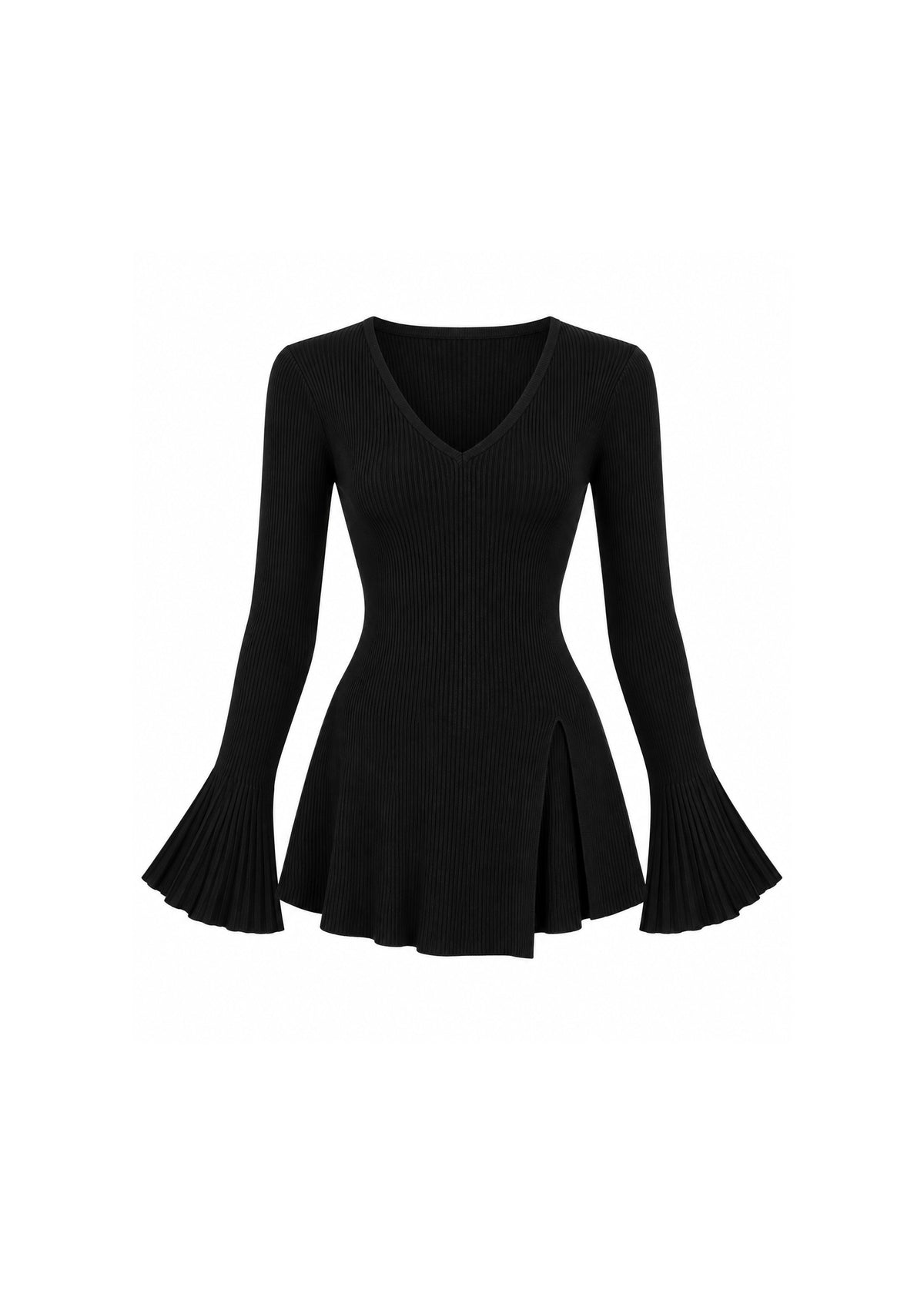 V-NECK RIBBED KNIT PEPLUM TOP WITH FLARED SLEEVES