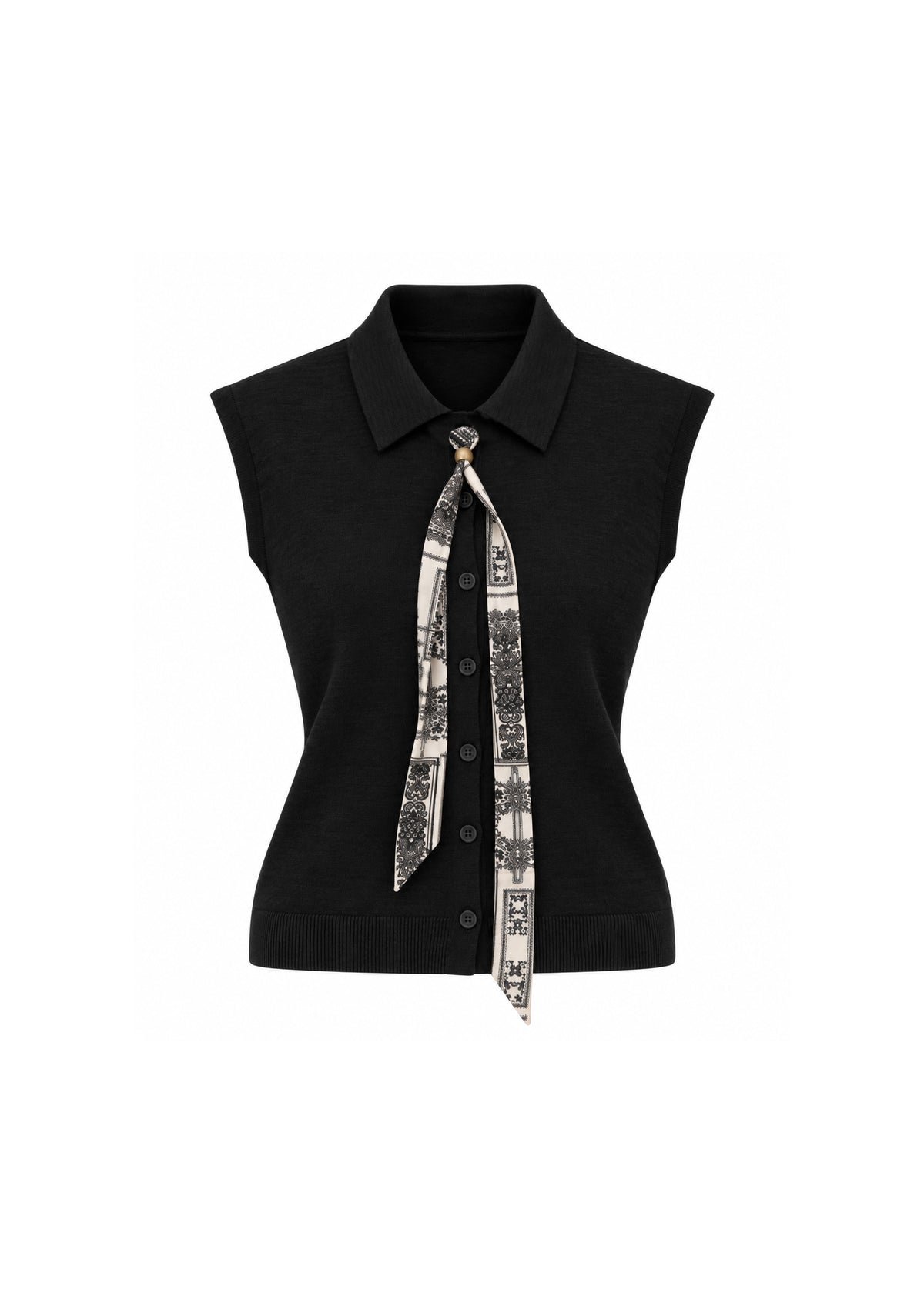 IVORY COLLARED BUTTON-FRONT SLEEVELESS KNIT TOP WITH PRINTED SCARF