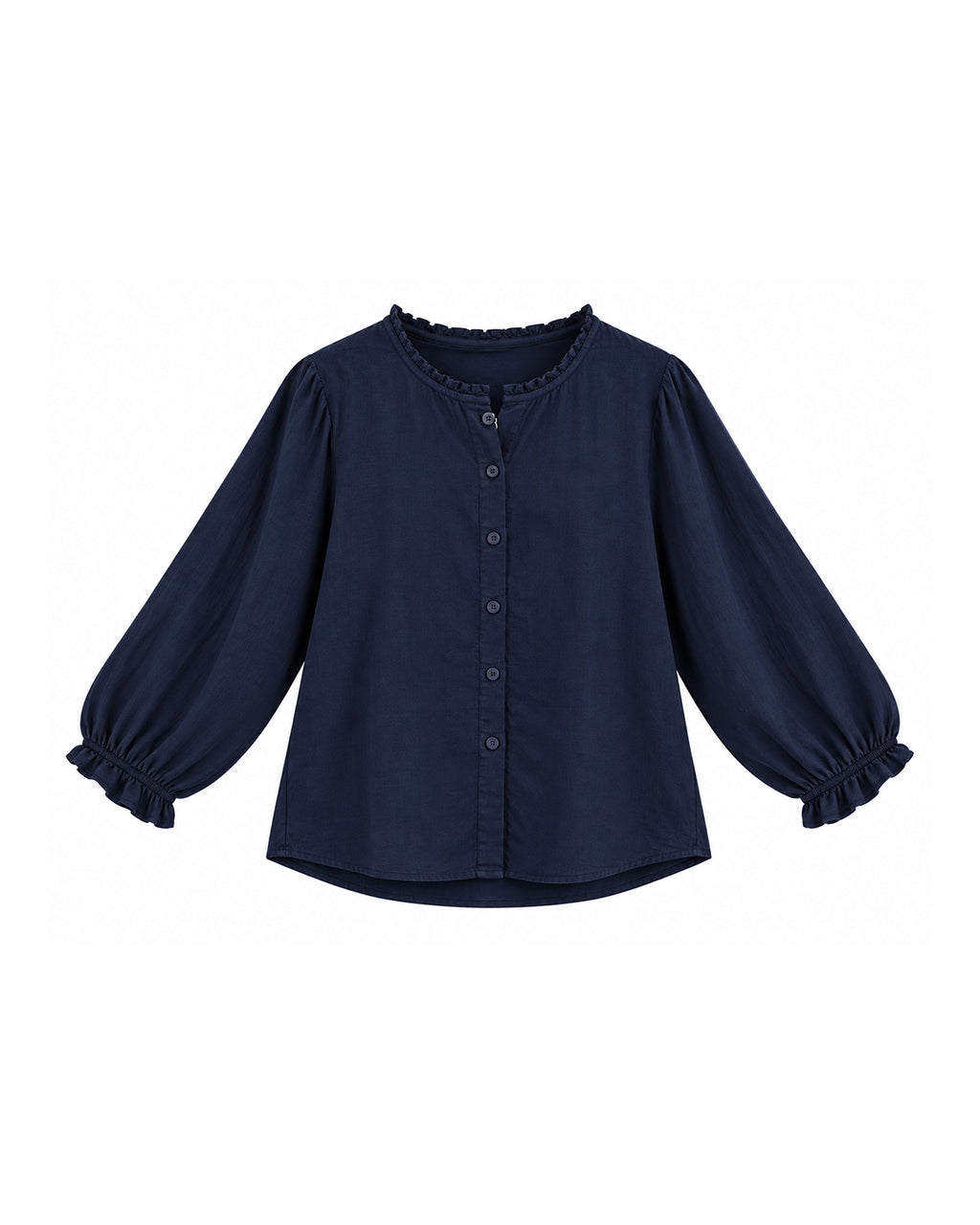 BUTTON FRONT BLOUSE WITH PUFF SLEEVES AND RUFFLE DETAILS