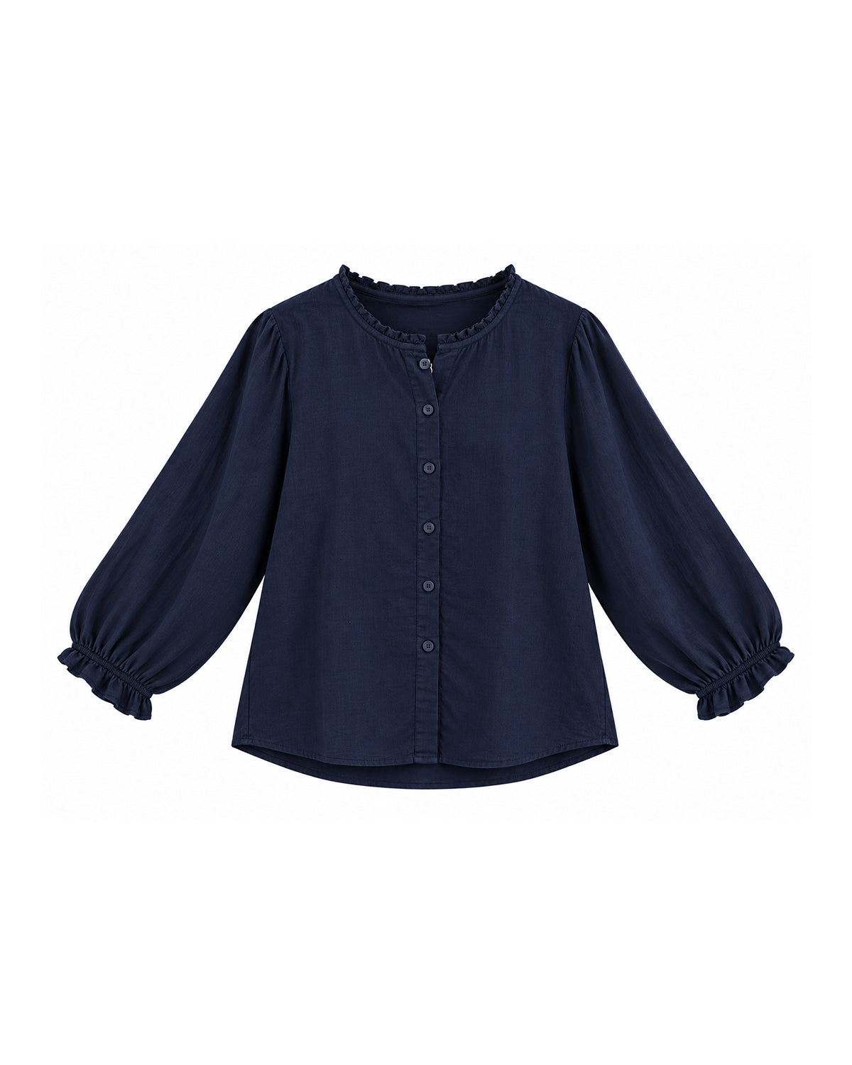 BUTTON FRONT BLOUSE WITH PUFF SLEEVES AND RUFFLE DETAILS