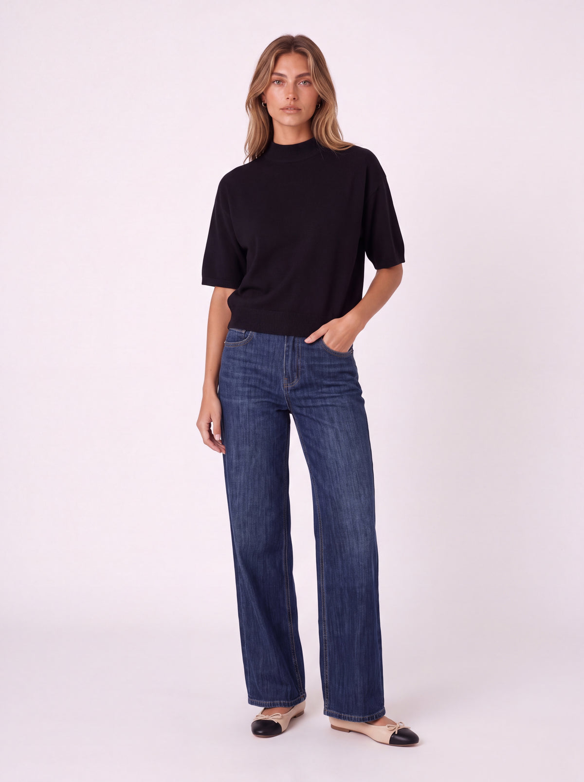 MOCK-NECK SHORT-SLEEVE KNIT TOP