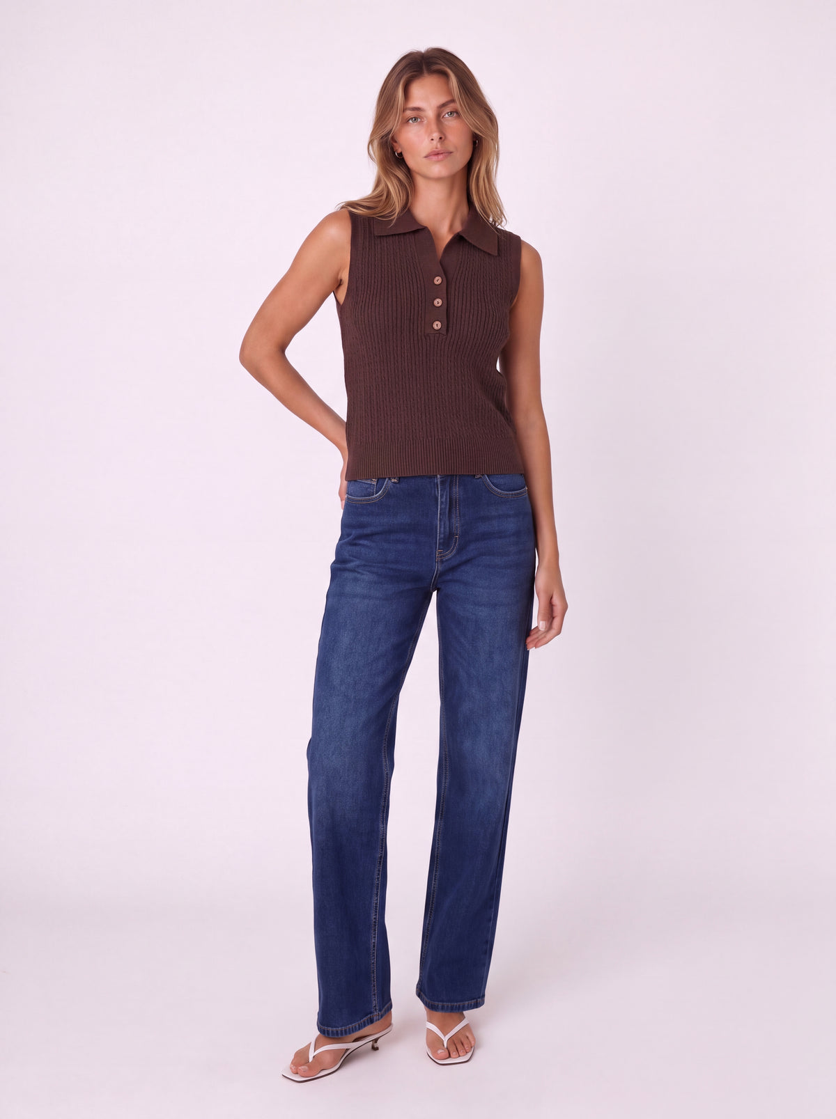 SLEEVELESS CABLE KNIT POLO TOP WITH BUTTON FRONT