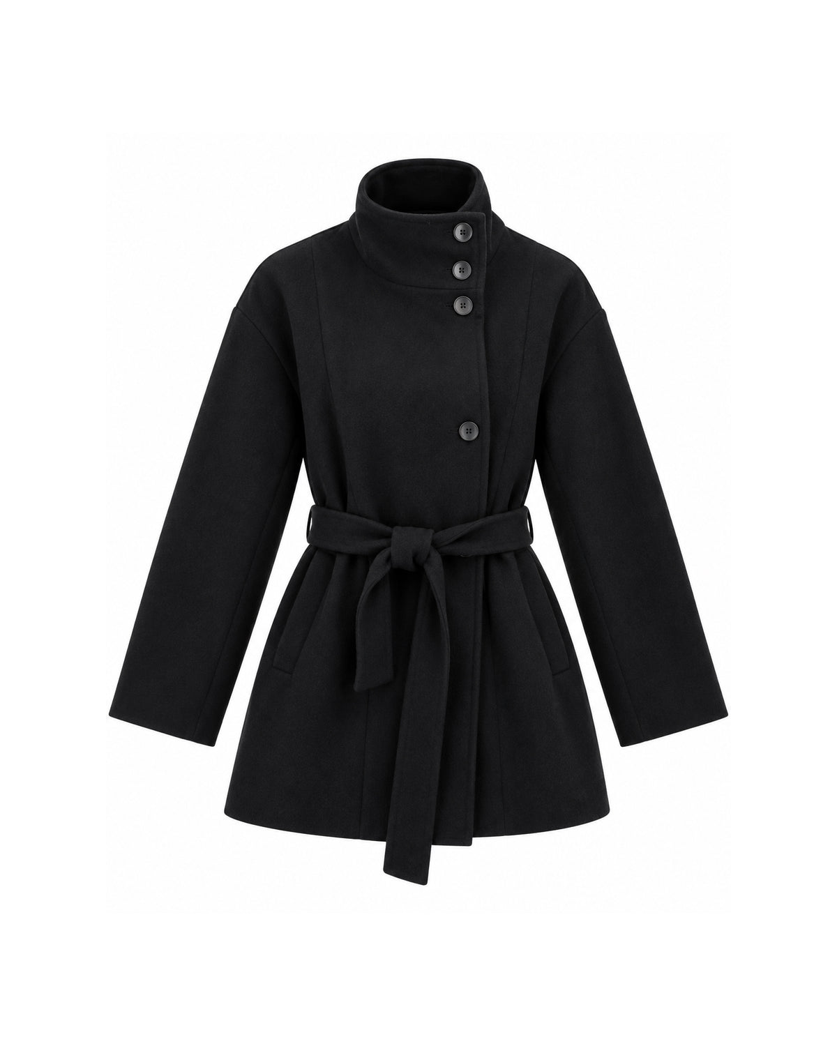 HIGH-NECK BUTTON-FRONT BELTED SHORT COAT