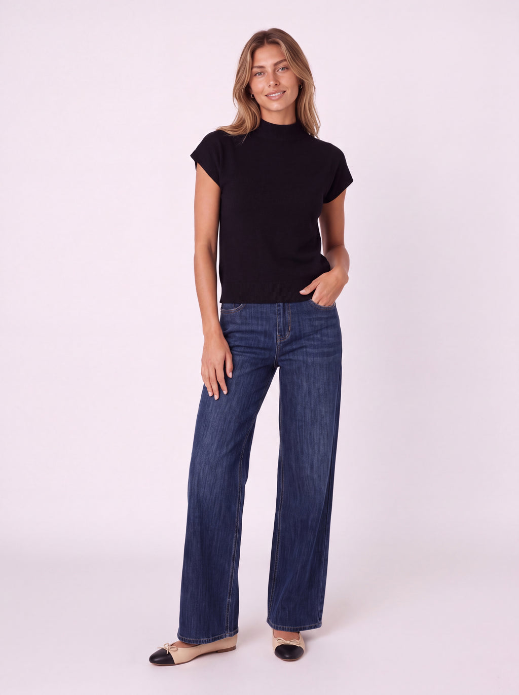 MOCK-NECK CAP-SLEEVE KNIT TOP