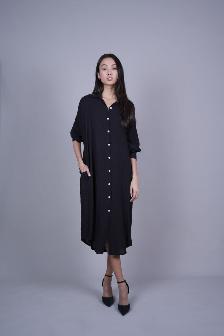 OVERSIZED BUTTON-DOWN MIDI SHIRT DRESS