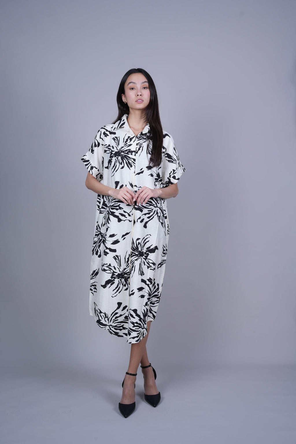 ABSTRACT FLORAL BUTTON FRONT MIDI DRESS