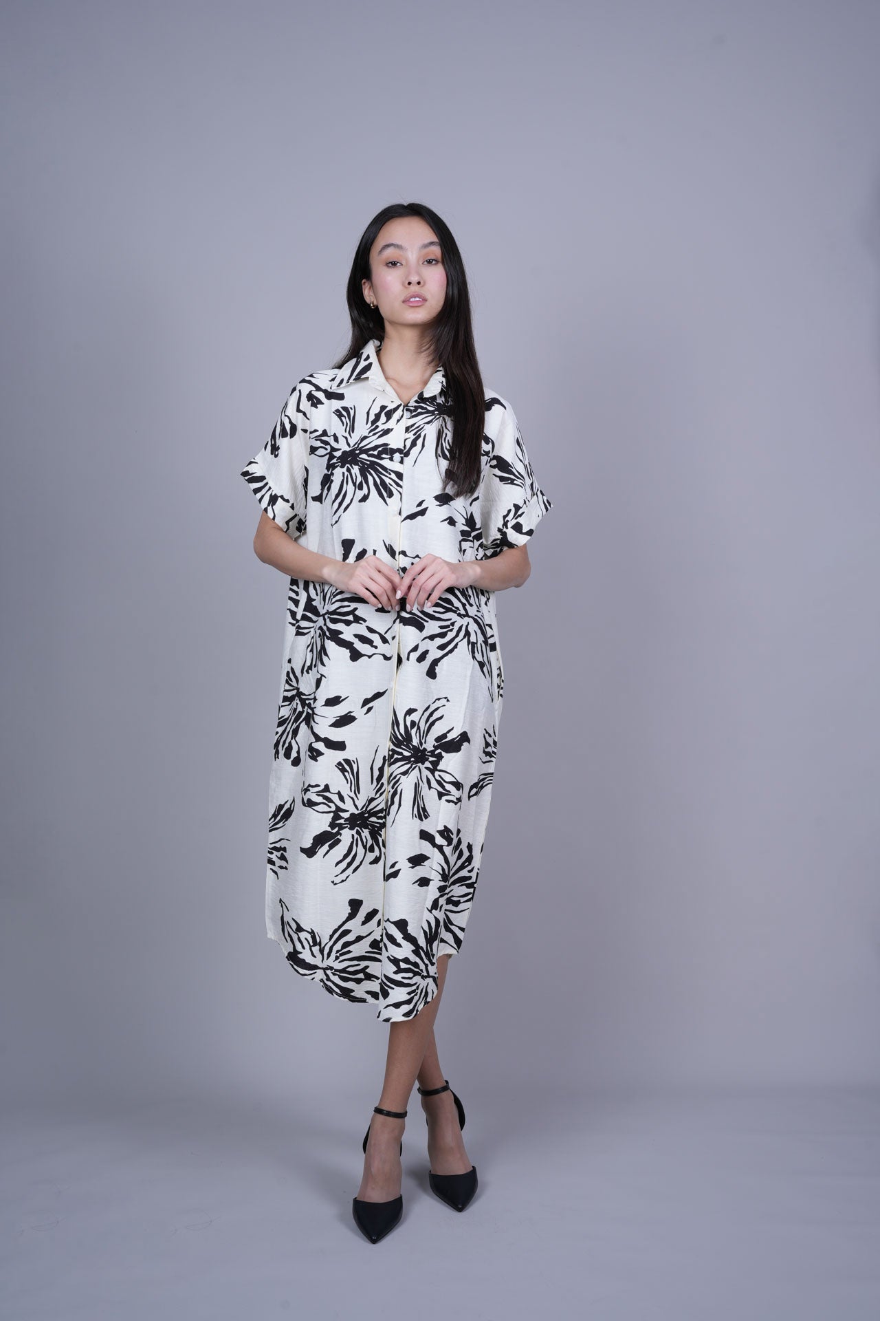 ABSTRACT FLORAL BUTTON FRONT MIDI DRESS