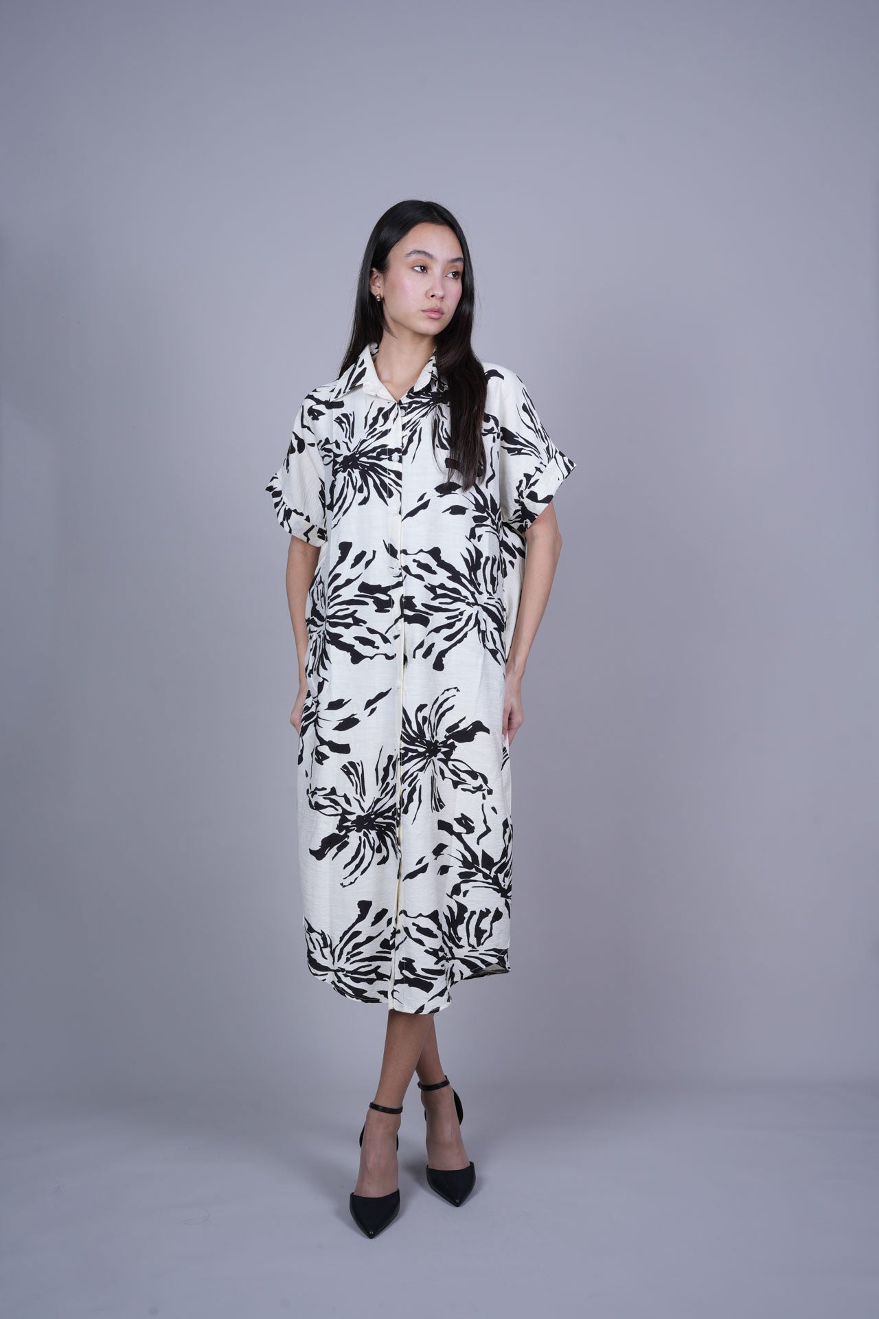 ABSTRACT FLORAL BUTTON FRONT MIDI DRESS
