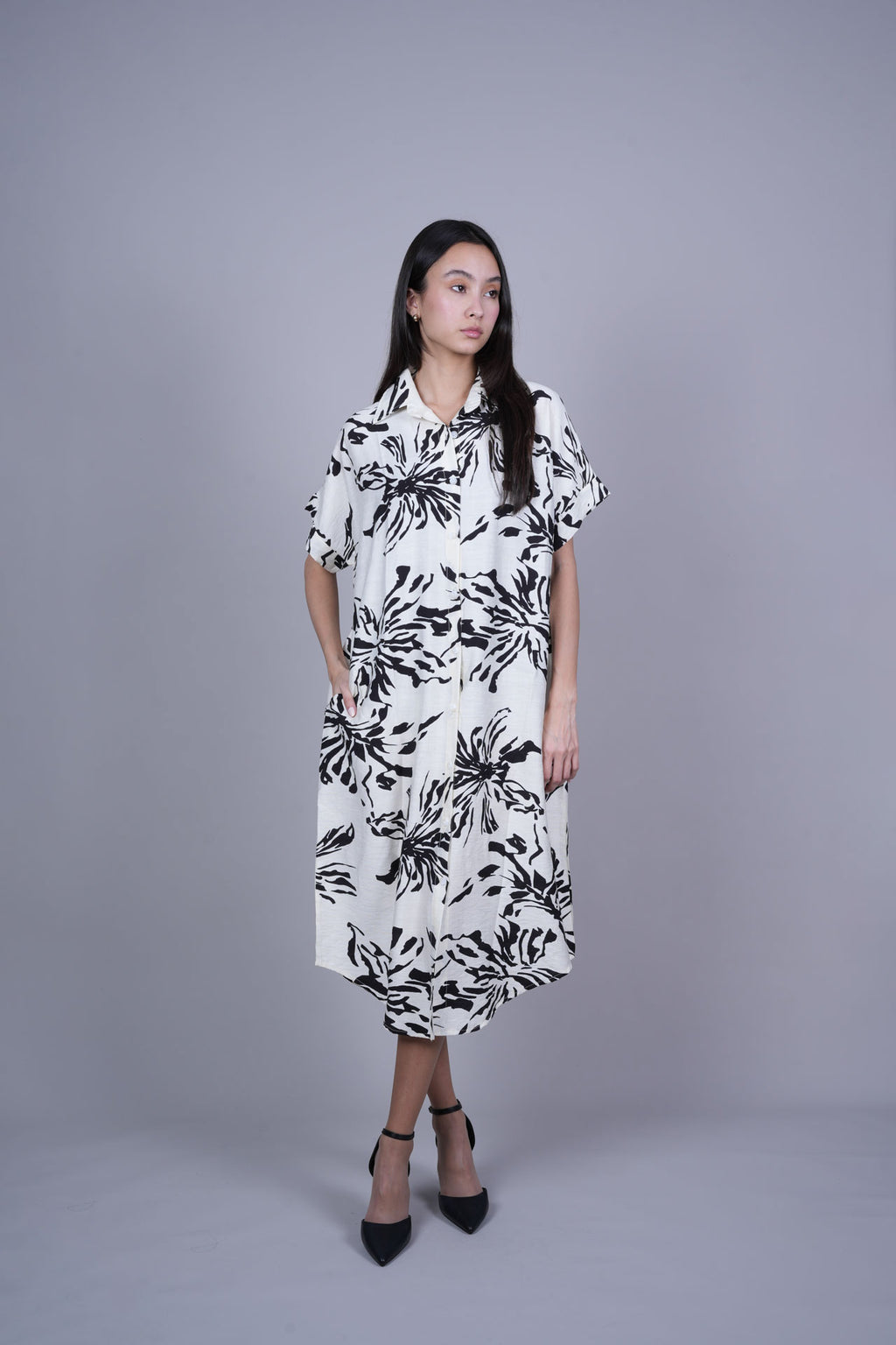 ABSTRACT FLORAL BUTTON FRONT MIDI DRESS