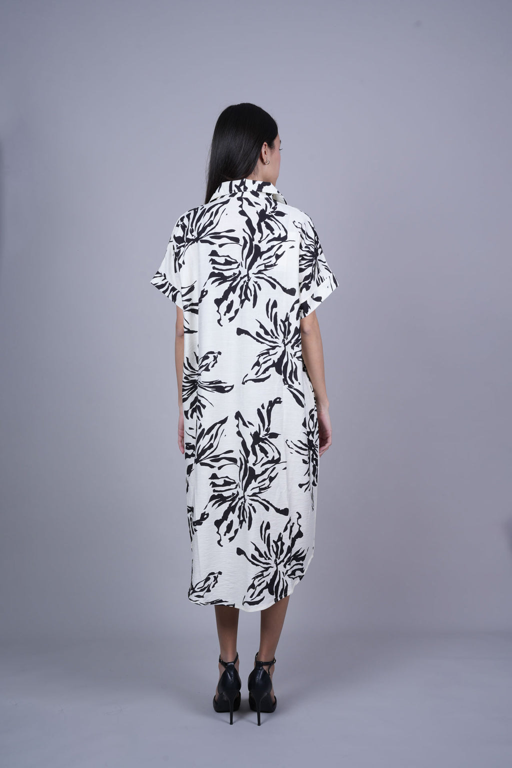ABSTRACT FLORAL BUTTON FRONT MIDI DRESS