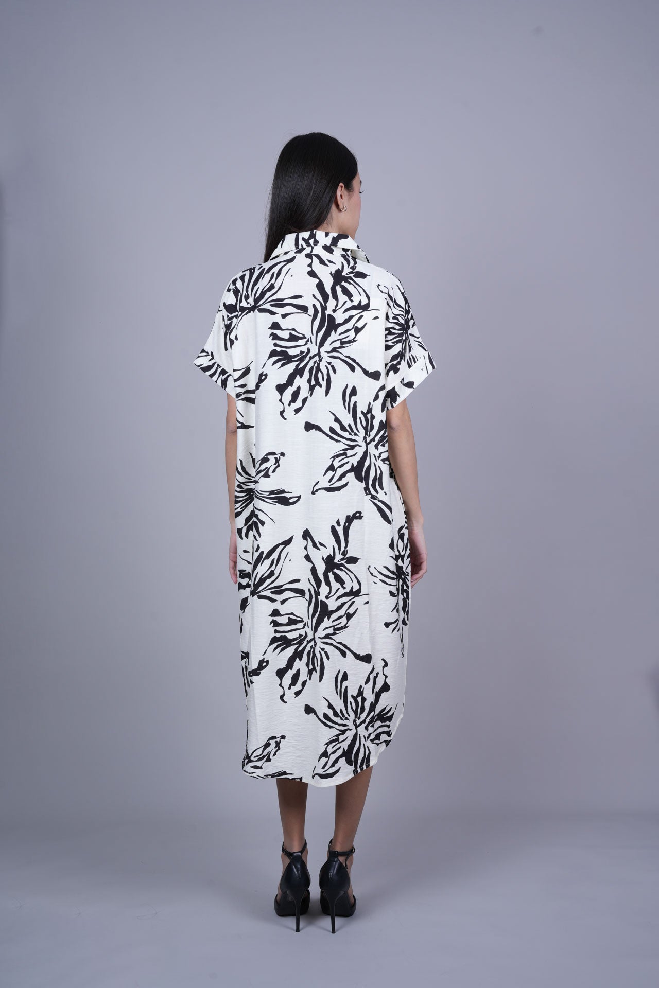 ABSTRACT FLORAL BUTTON FRONT MIDI DRESS