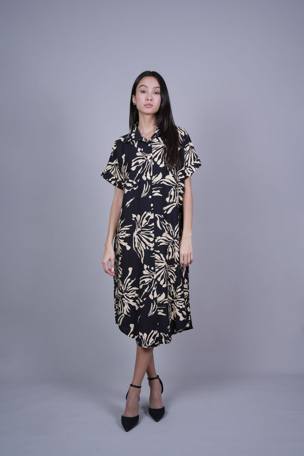 ABSTRACT FLORAL BUTTON FRONT MIDI DRESS