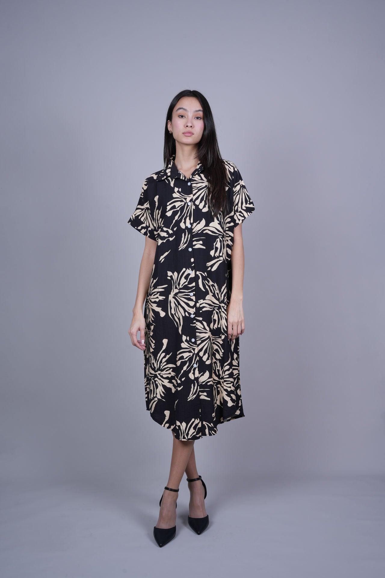 ABSTRACT FLORAL BUTTON FRONT MIDI DRESS