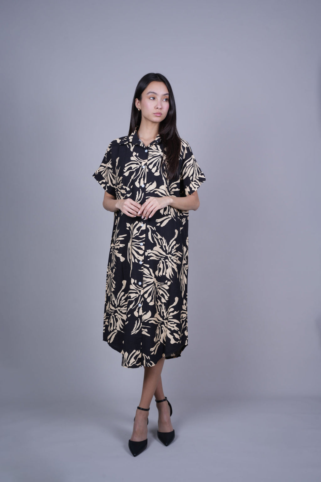 ABSTRACT FLORAL BUTTON FRONT MIDI DRESS