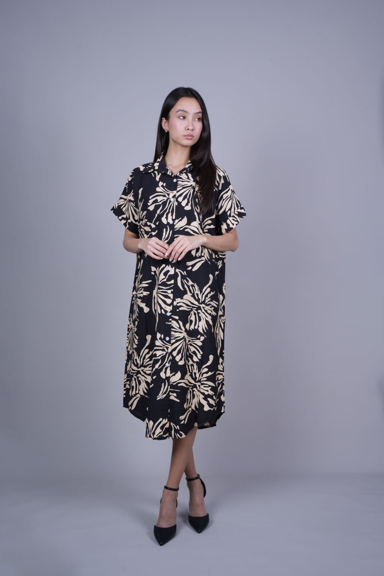ABSTRACT FLORAL BUTTON FRONT MIDI DRESS