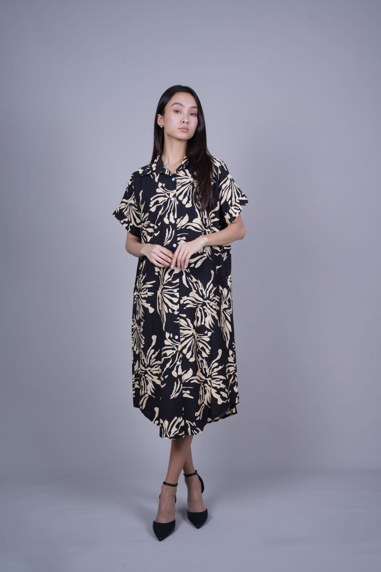 ABSTRACT FLORAL BUTTON FRONT MIDI DRESS