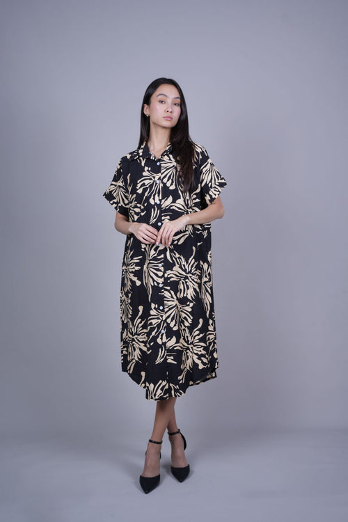 ABSTRACT FLORAL BUTTON FRONT MIDI DRESS
