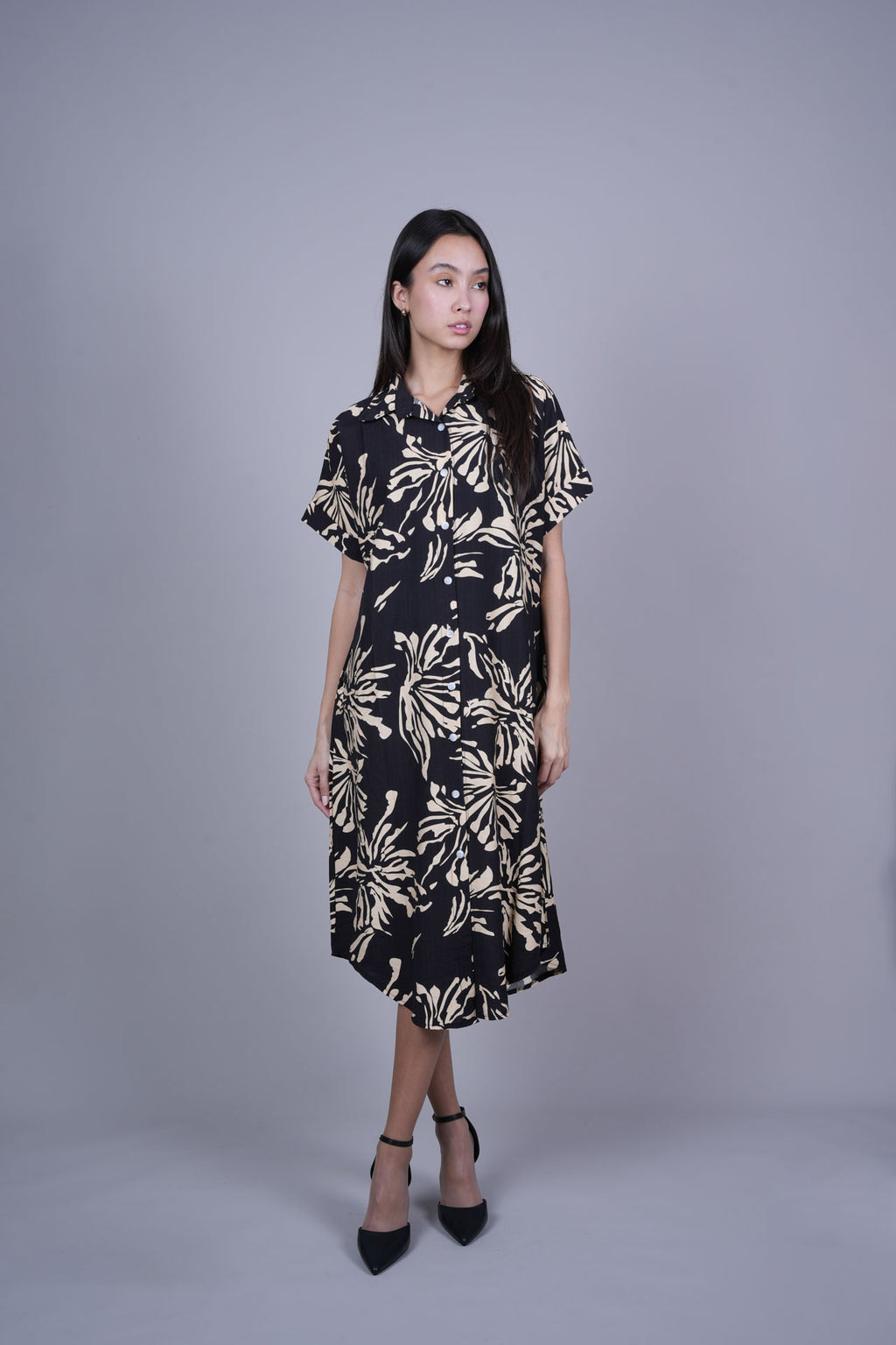 ABSTRACT FLORAL BUTTON FRONT MIDI DRESS