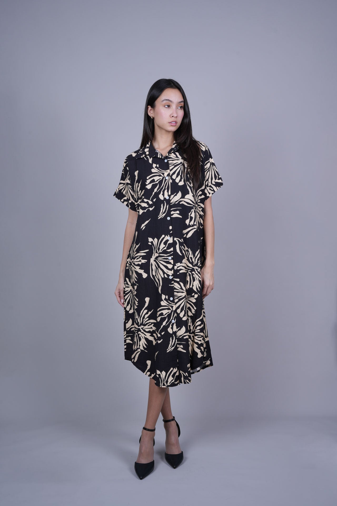ABSTRACT FLORAL BUTTON FRONT MIDI DRESS