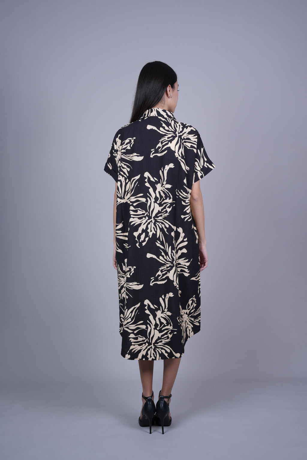 ABSTRACT FLORAL BUTTON FRONT MIDI DRESS