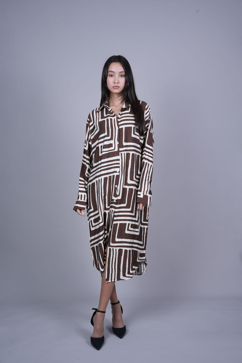 GEOMETRIC PRINT OVERSIZED MIDI SHIRT DRESS