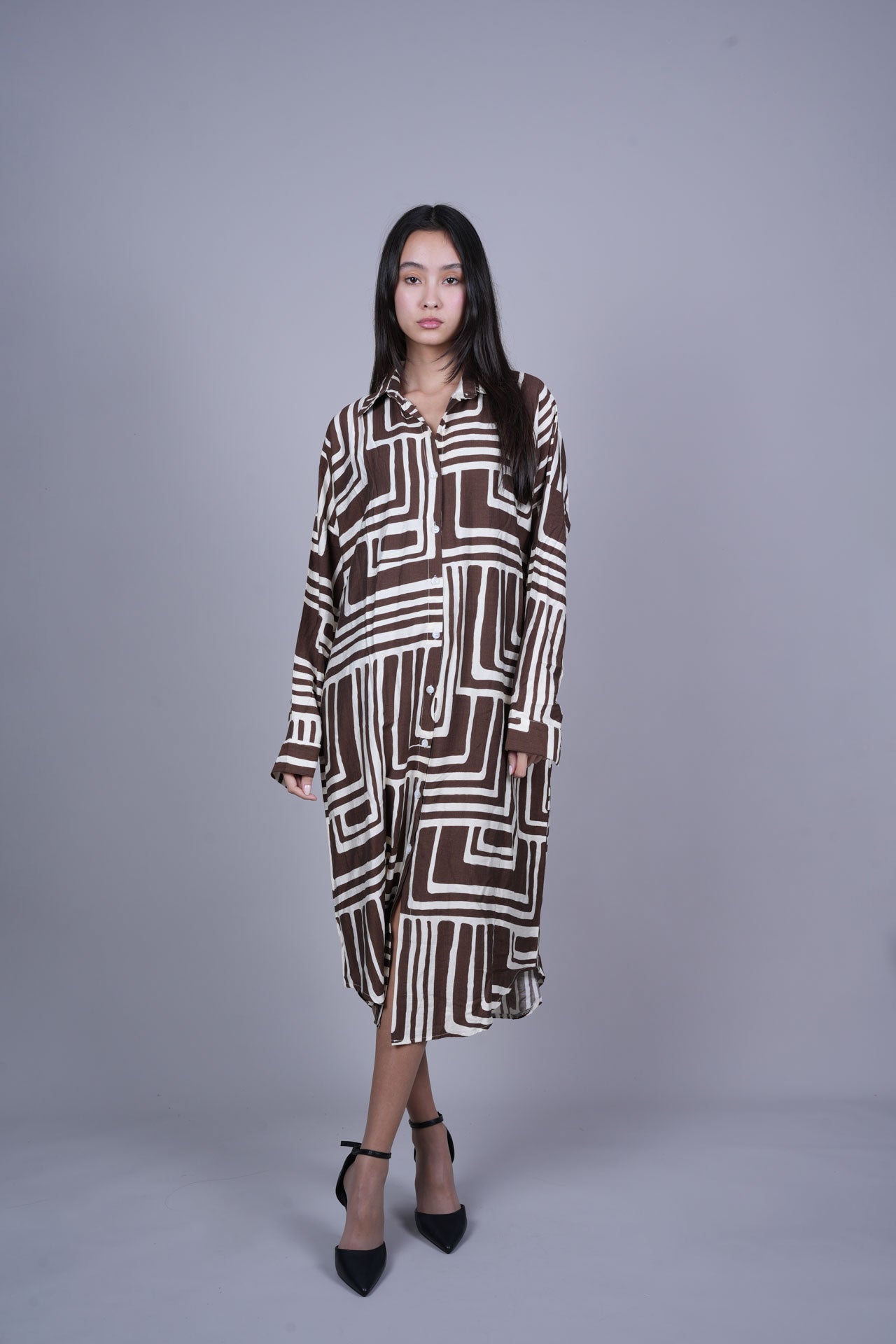 GEOMETRIC PRINT OVERSIZED MIDI SHIRT DRESS