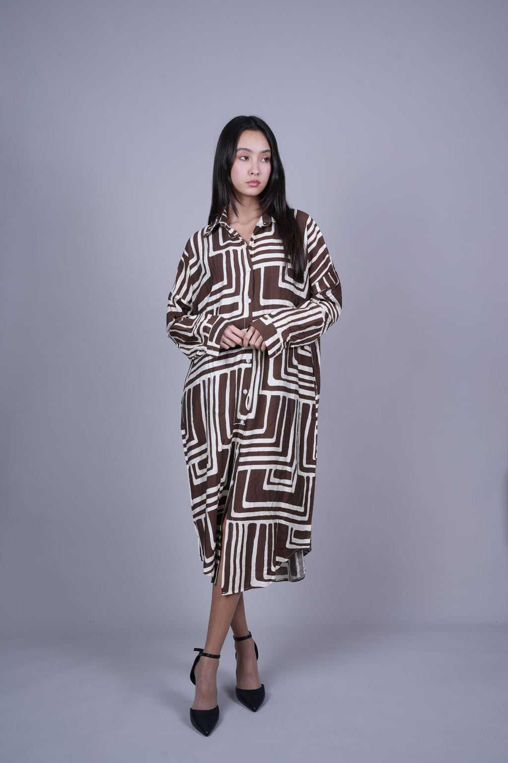 GEOMETRIC PRINT OVERSIZED MIDI SHIRT DRESS