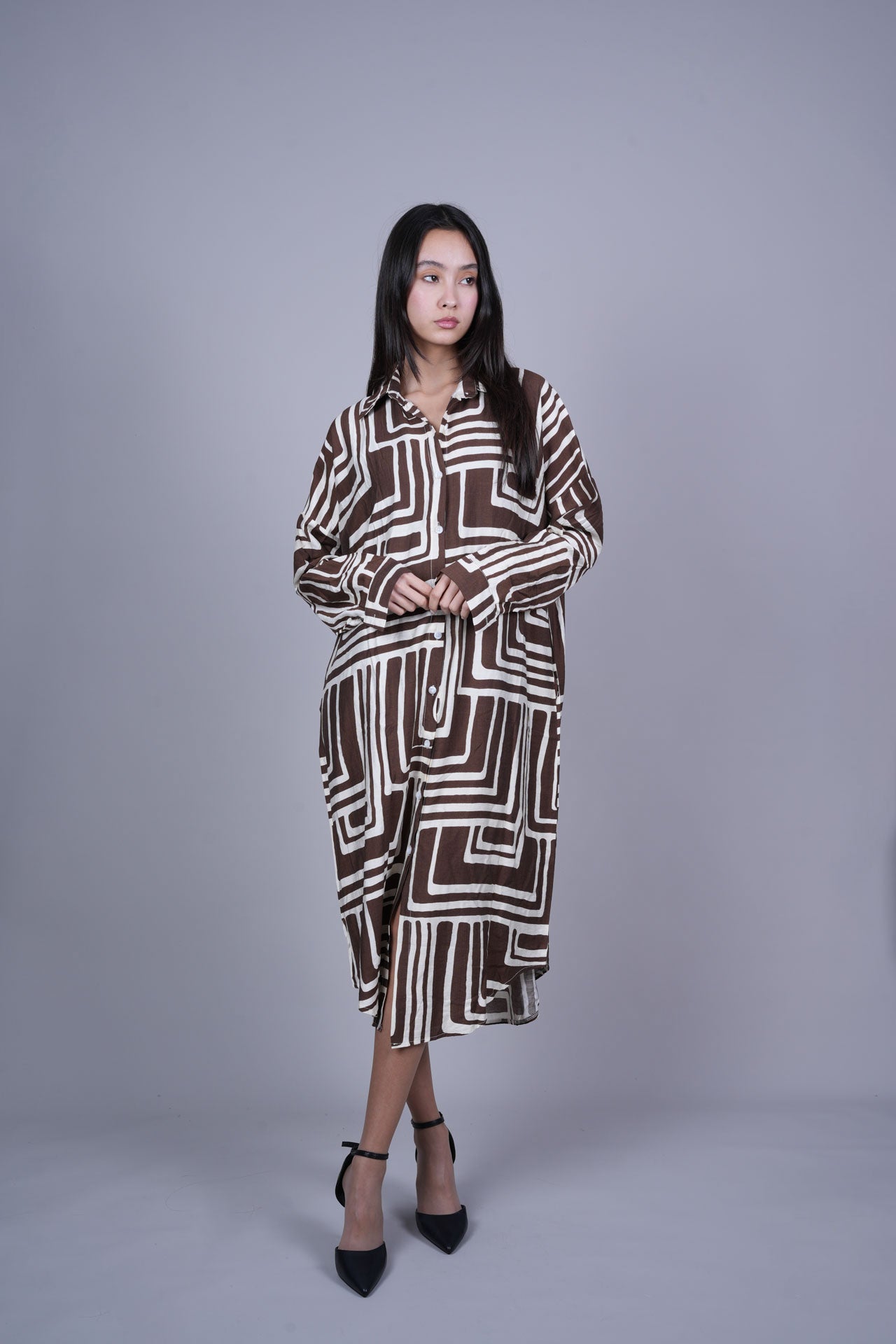 GEOMETRIC PRINT OVERSIZED MIDI SHIRT DRESS