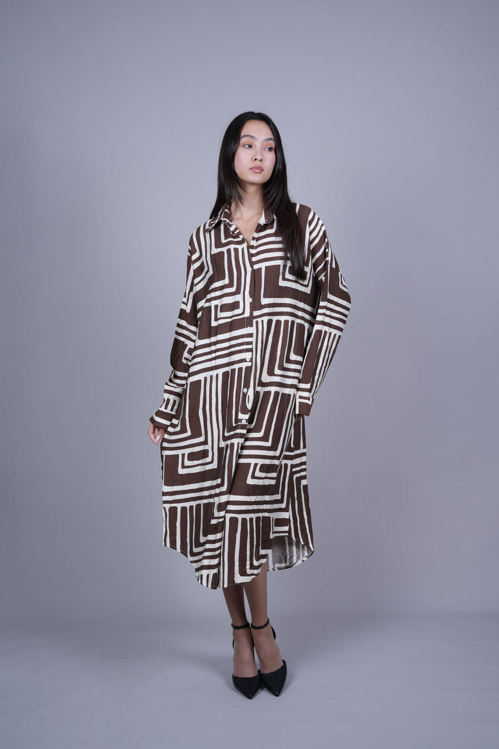 GEOMETRIC PRINT OVERSIZED MIDI SHIRT DRESS