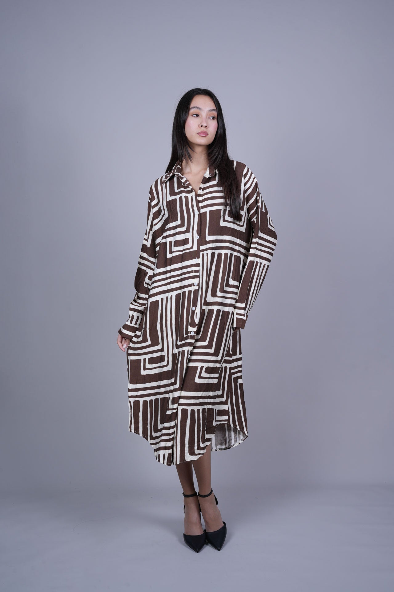 GEOMETRIC PRINT OVERSIZED MIDI SHIRT DRESS