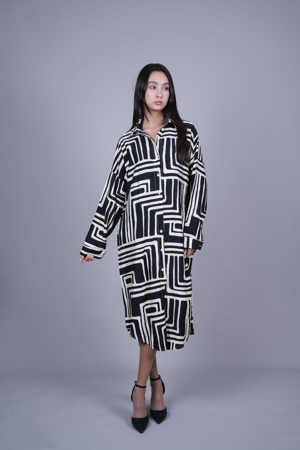 GEOMETRIC PRINT OVERSIZED MIDI SHIRT DRESS
