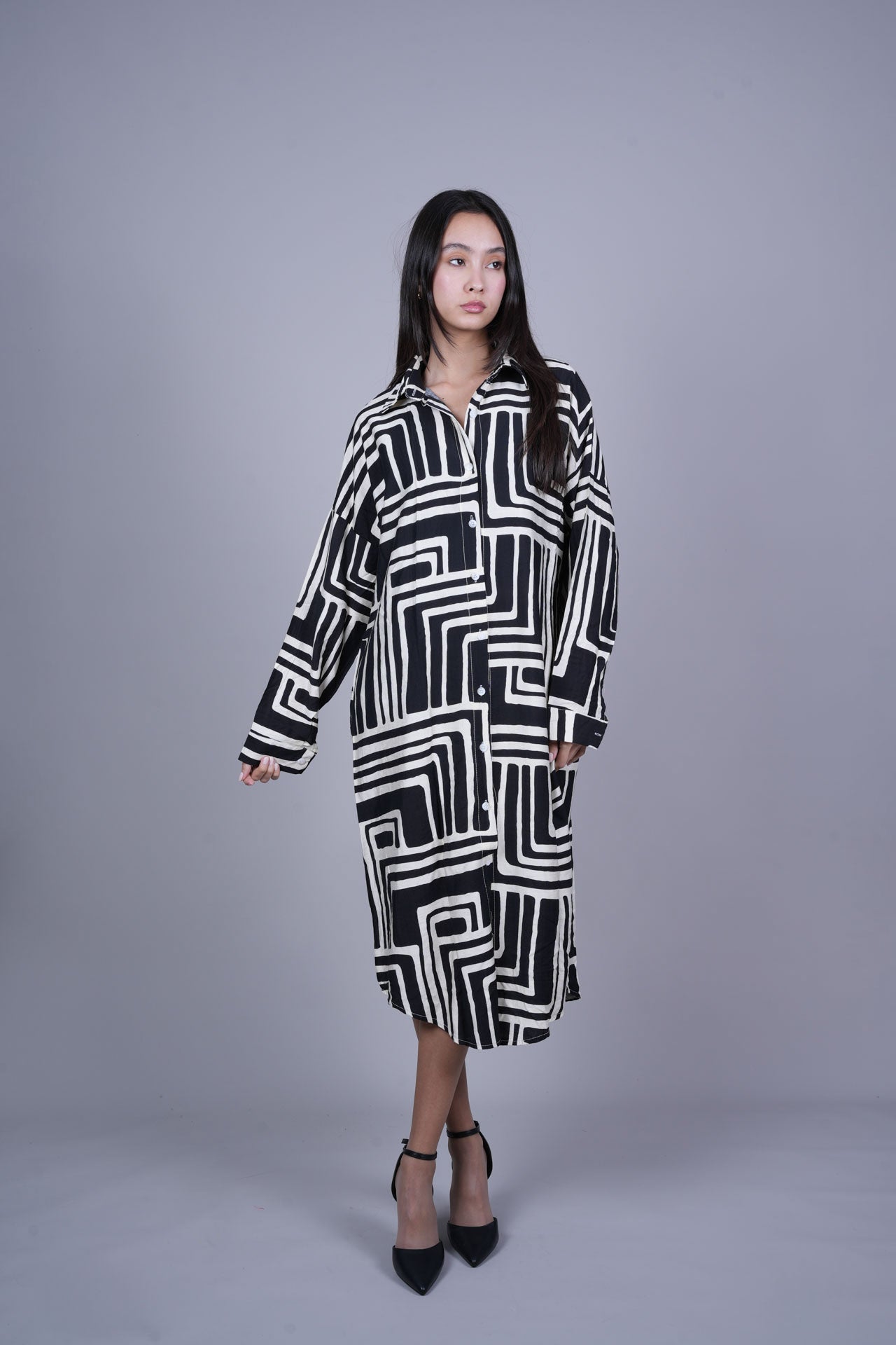 GEOMETRIC PRINT OVERSIZED MIDI SHIRT DRESS
