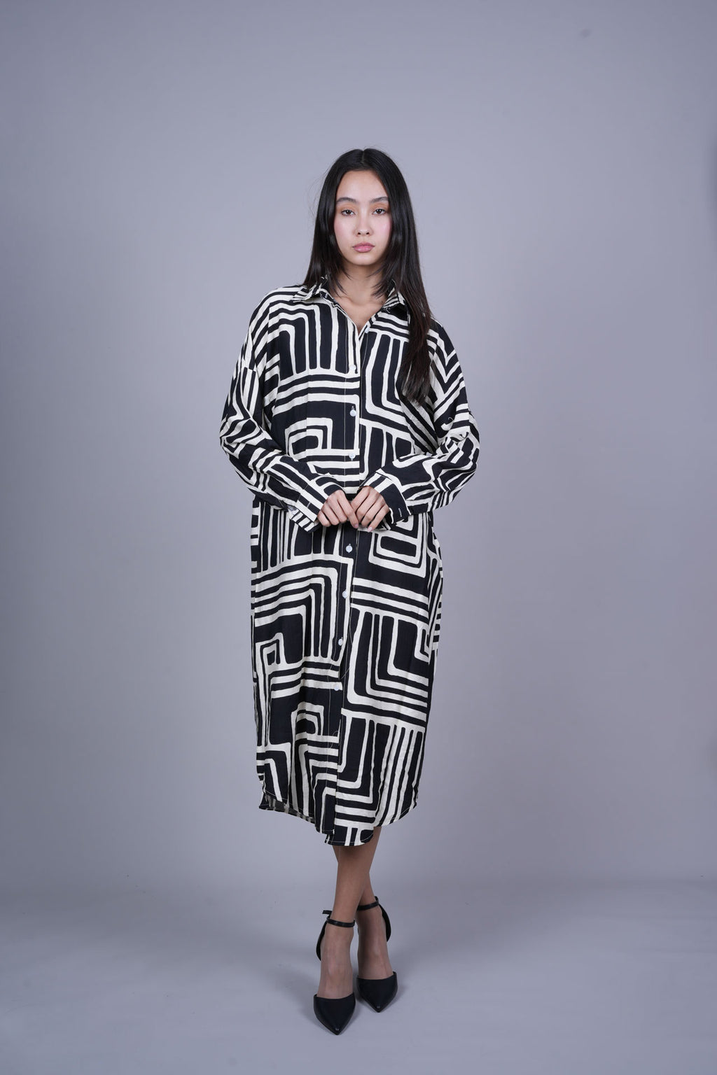 GEOMETRIC PRINT OVERSIZED MIDI SHIRT DRESS