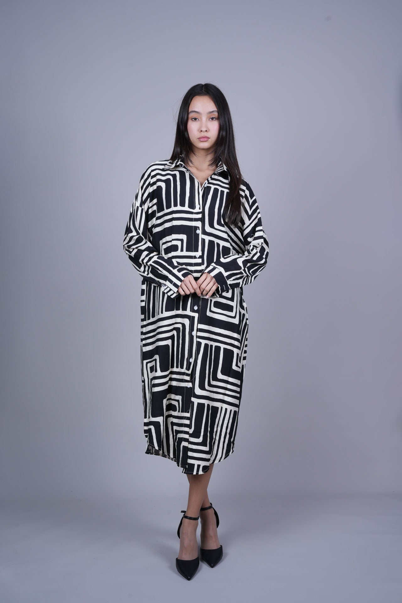 GEOMETRIC PRINT OVERSIZED MIDI SHIRT DRESS