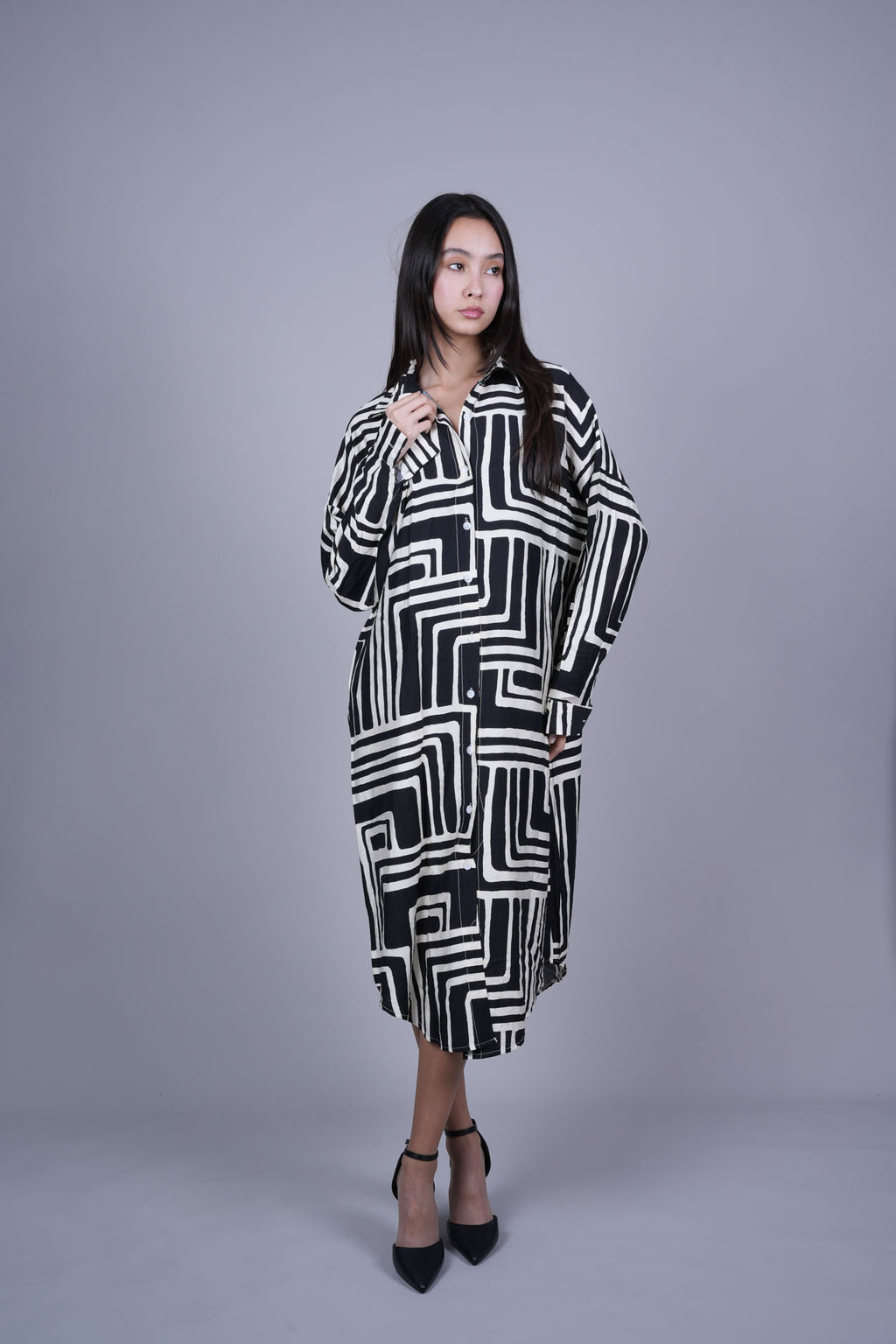 GEOMETRIC PRINT OVERSIZED MIDI SHIRT DRESS