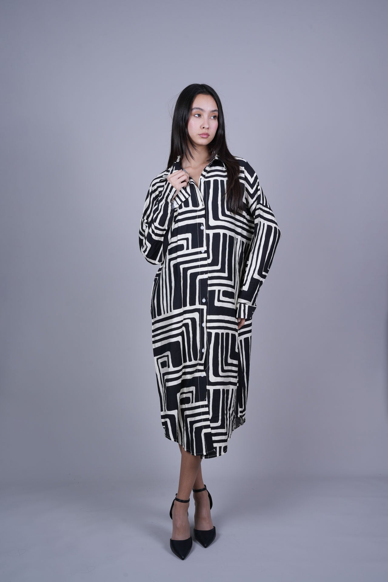 GEOMETRIC PRINT OVERSIZED MIDI SHIRT DRESS