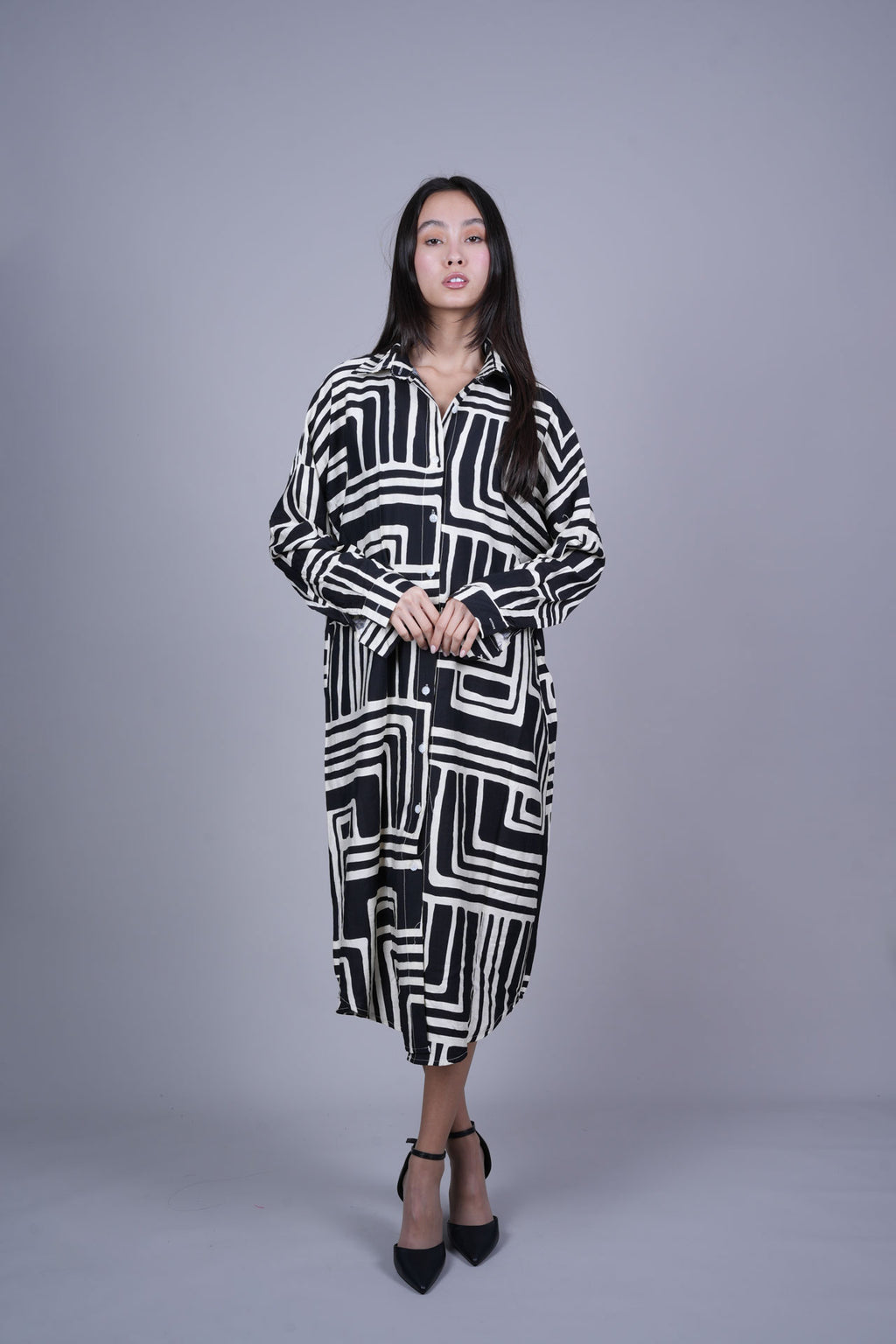 GEOMETRIC PRINT OVERSIZED MIDI SHIRT DRESS
