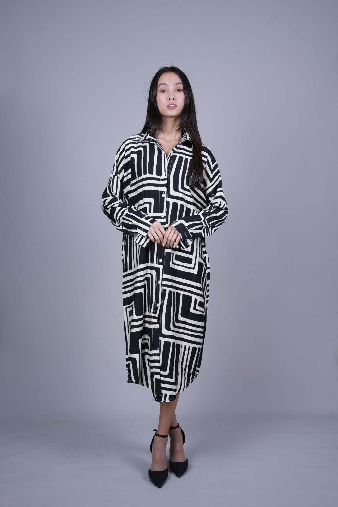 GEOMETRIC PRINT OVERSIZED MIDI SHIRT DRESS