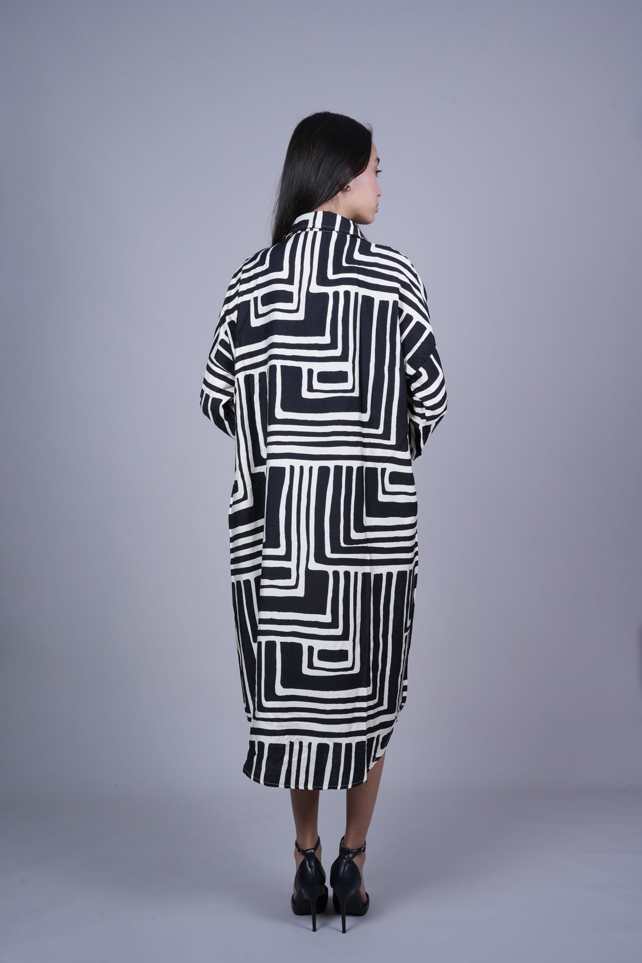 GEOMETRIC PRINT OVERSIZED MIDI SHIRT DRESS