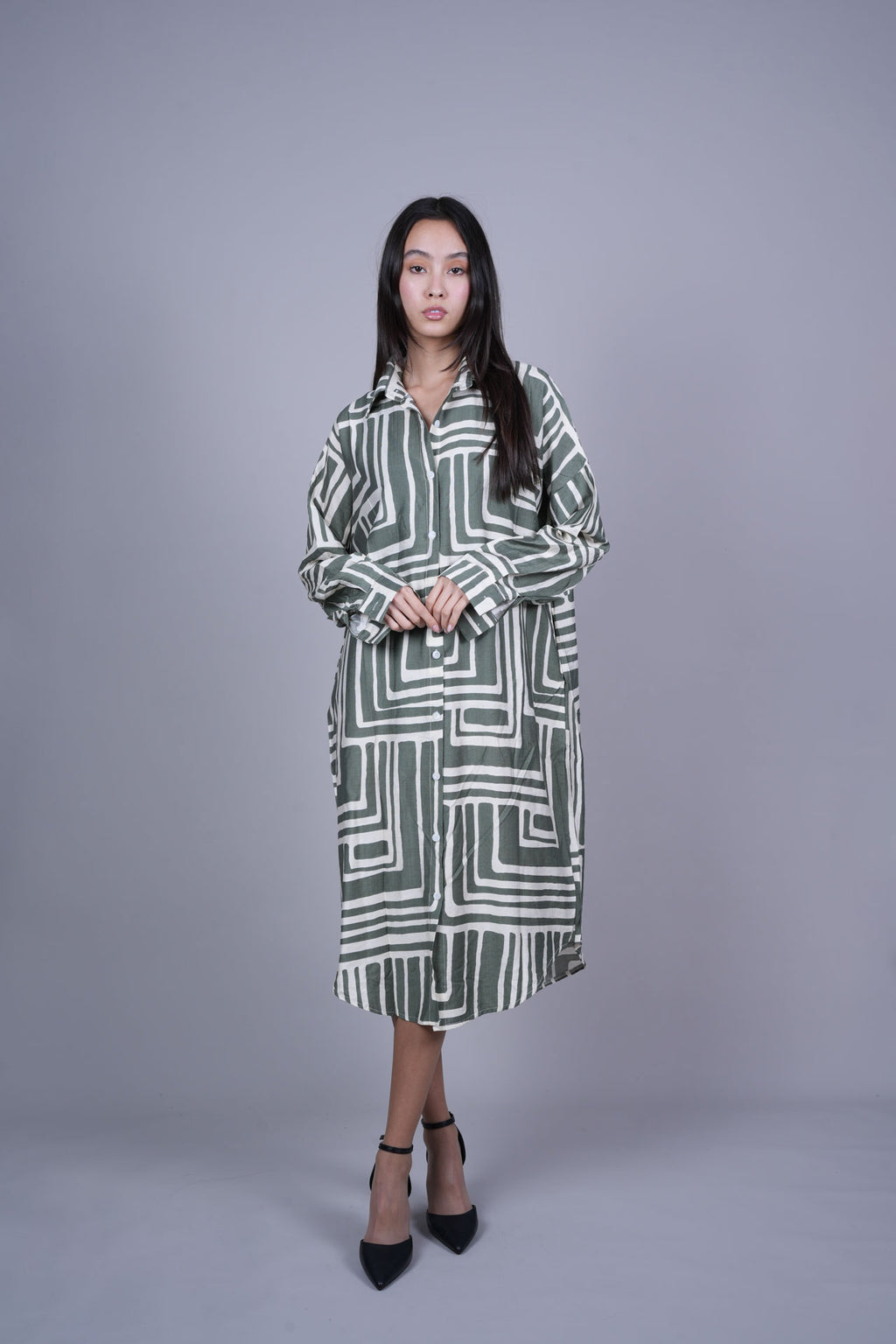 GEOMETRIC PRINT OVERSIZED MIDI SHIRT DRESS