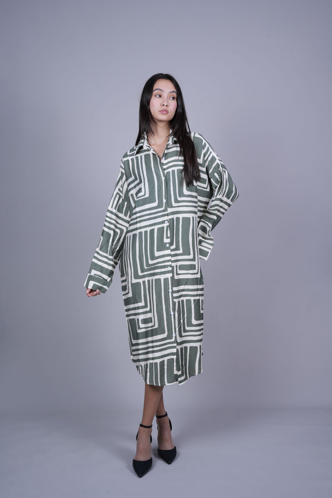 GEOMETRIC PRINT OVERSIZED MIDI SHIRT DRESS