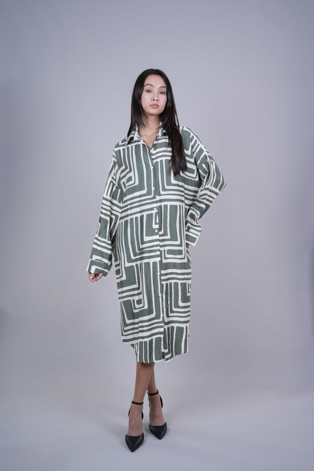 GEOMETRIC PRINT OVERSIZED MIDI SHIRT DRESS