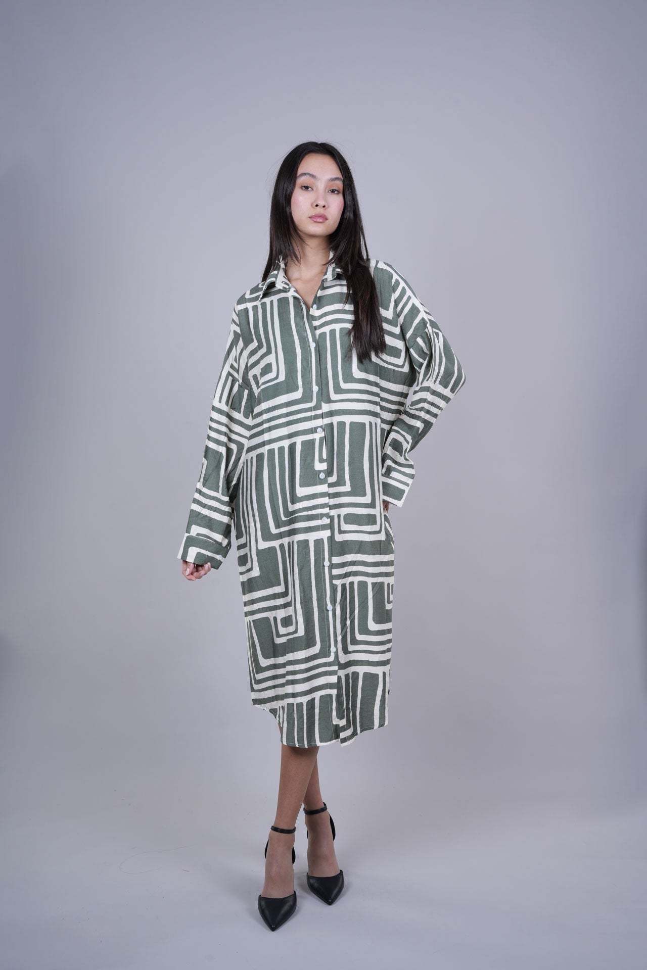 GEOMETRIC PRINT OVERSIZED MIDI SHIRT DRESS